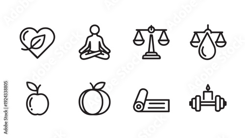 Health and Wellness Icons: Heart Yoga Scales Roll Mat Dumbbell Candle Icon Set