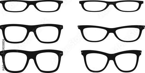 Six pairs of black plastic eyeglasses with different frame styles