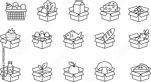 Set of line icons showing various food items delivered in cardboard boxes and baskets.