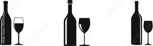 Black silhouettes of wine bottles with glasses on white background