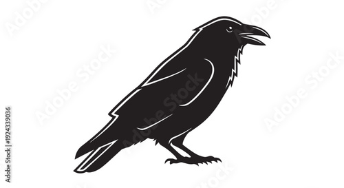 Black silhouette of a crow or raven bird with open beak