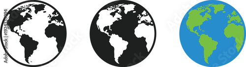 Three globe icons in different styles on white background