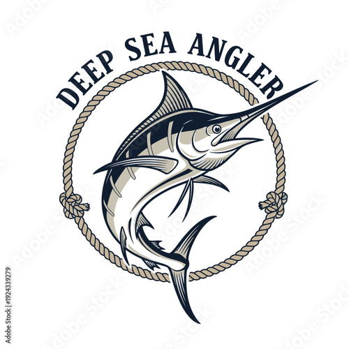 A logo of a swordfish with a rope and text fishing tshirt design