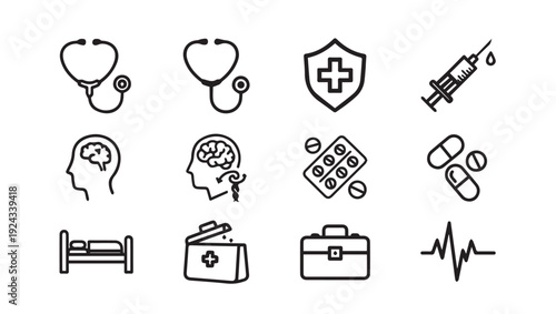 Medical Icons Set: Healthcare Symbols Brain Stethoscope Pills Syringe Bed First Aid