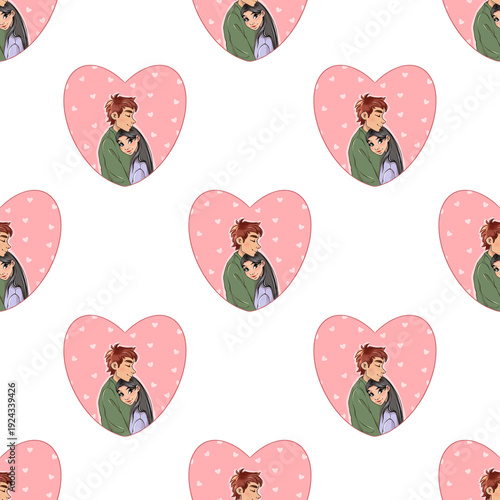 Romantic character boy and girl on pink heart background seamless pattern