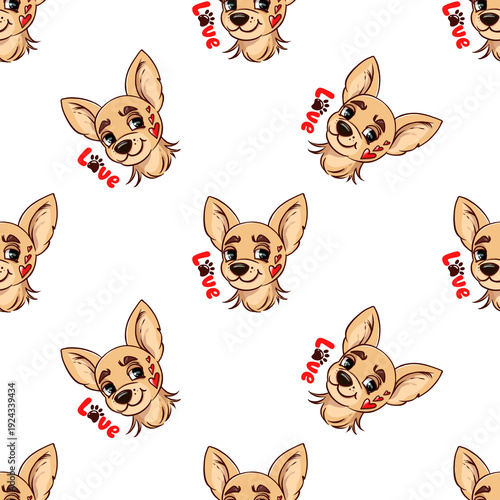 Cute Chihuahua with Hearts. Sweet beloved puppy seamless pattern