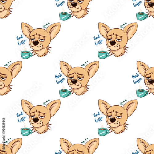 Cute sleepy chihuahua with coffee, Sweet beloved puppy seamless pattern