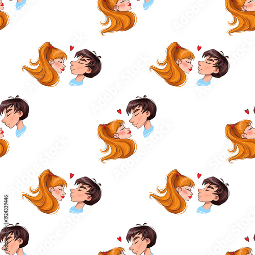 Cute character boy and girl in love with a romantic mood , Love romantic seamless pattern on pink background