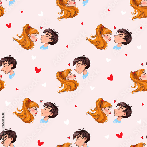 Cute character boy and girl in love with a romantic mood , Love romantic seamless pattern on pink background