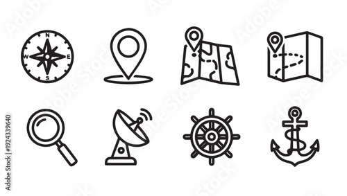 Nautical and Travel Icons: Compass Map Pin Magnifying Glass Anchor Ship Wheel Satellite Dish