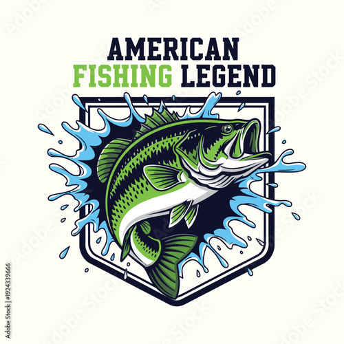 American fishing legend logo with a large green fish fishing tshirt design