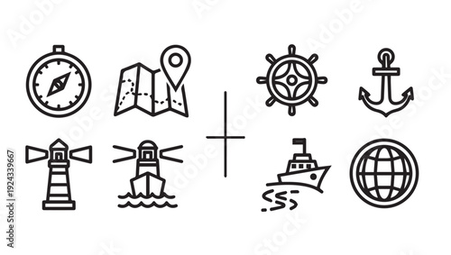 Nautical Icons Set: Compass Map Ship Wheel Anchor Lighthouse Boat Globe