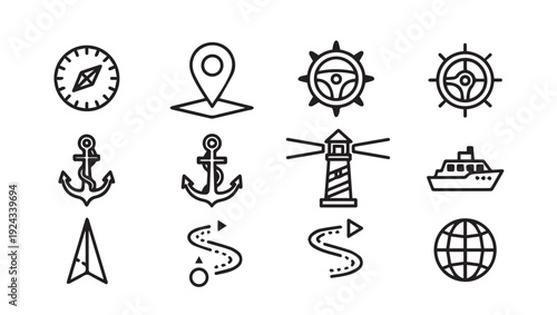 Nautical Navigation Icons: Compass Anchor Lighthouse Ship Globe Map Pin Steering Wheel RouteLine Art