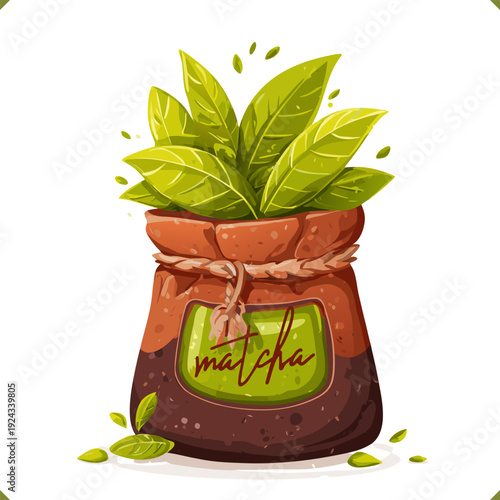 Vector illustration of matcha green tea powder in paper bag with label and leaves, isolated on white background
