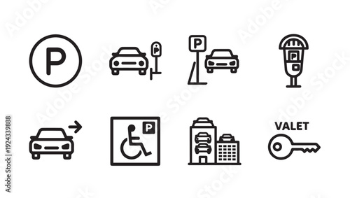 Parking Icons Set: Car Valet Meter Handicap Garage Signage