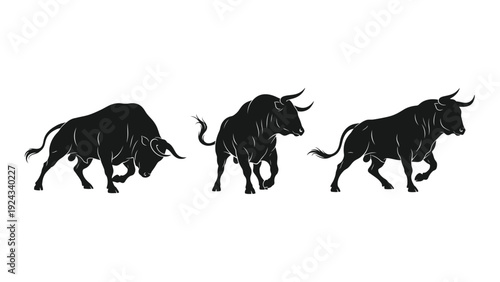 Three black silhouettes of bulls in varying poses against a white background