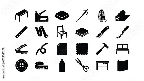 Black Silhouette Icons of Furniture and Sewing Tools on White Background