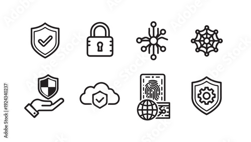 Security Icons Set: Shield Lock Network Fingerprint Cloud Hand with Shield Gear Shield