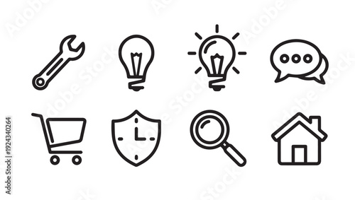 Set of 8 Simple Icons: Wrench Lightbulb Chat Cart Shield Magnifier House