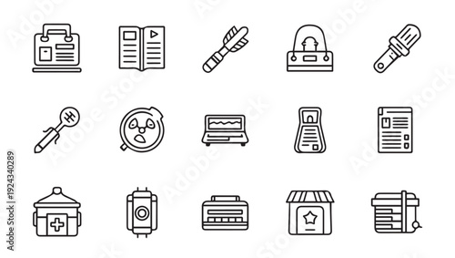 Set of 15 black line icons on white background representing various objects and symbols