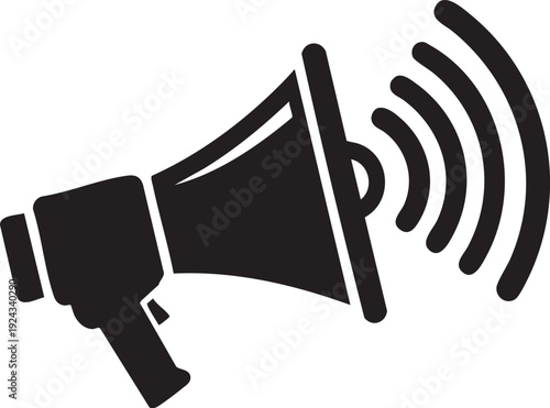 Black megaphone with sound waves on white background loudspeaker