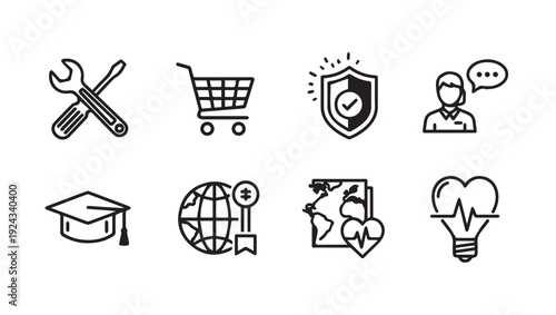 Set of 8 icons representing business education health and technology concepts