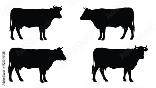 Four black silhouettes of cows against a white background showcasing different poses