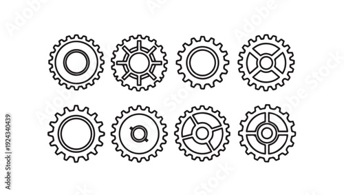 Set of eight different gear outlines on white background isolated vector illustration