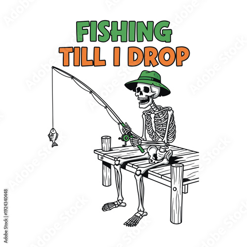 A skeleton sitting on a bench fishing with a rod fishing tshirt design