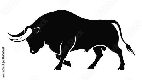 A striking silhouette of a powerful bull facing forward with curved horns
