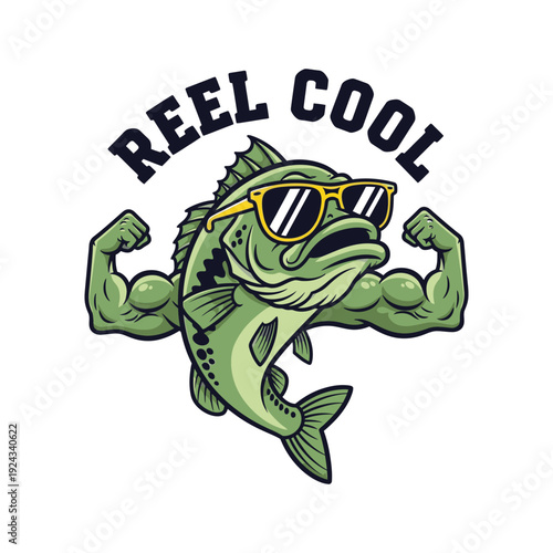 A cartoon fish wearing sunglasses and flexing its muscles fishing tshirt design
