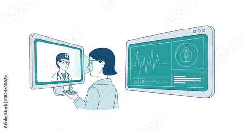 Female dermatologist analyzing skin condition on digital tablet with medical report on screen.