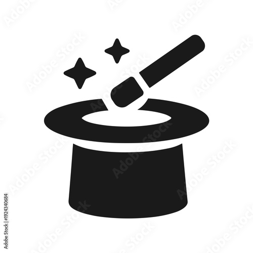 Magic Hat and Wand Icons for Entertainment and Magic Shows, Solid Black Icon Set Vector Illustration