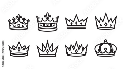 Set of eight royal crown icons in outline style on white background vector illustration