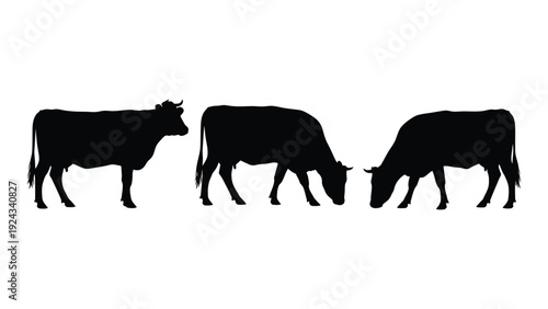 Silhouette of three cows grazing depicted in a simple black and white style