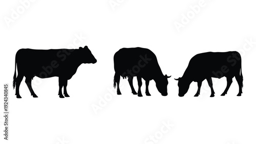 Silhouette of three cows grazing in a field depicted in a minimalist style