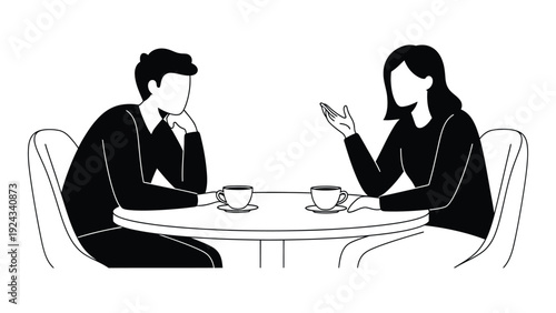 A minimalist illustration depicts a man and woman seated at a table engaged in conversation