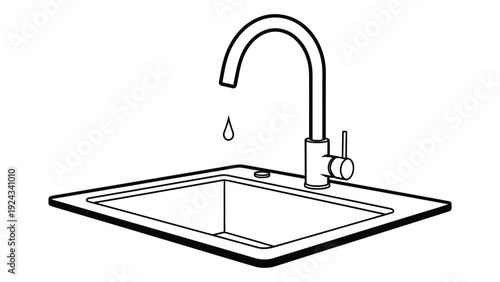 Simple line drawing of a kitchen sink with a faucet and a single water droplet
