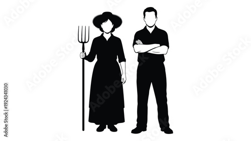Simple black and white illustration depicting a farmer and a woman with a pitchfork