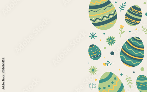 Light Easter background featuring decorative eggs and spring floral elements arranged along the right side. Large copy space ideal for greeting cards, banners and seasonal marketing