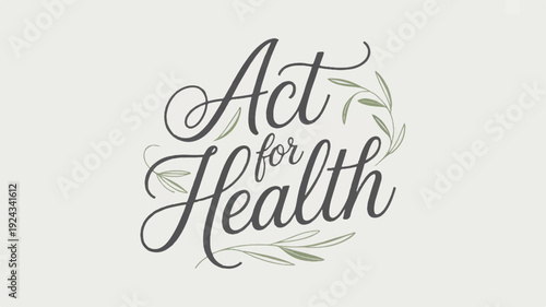 Modern calligraphy design with 'act for health' text and leaf elements on beige background