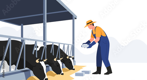 Farmer feeding cows in a barn during daytime.