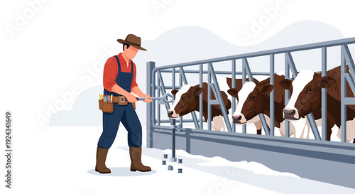 Farmer feeding cows in a barn during winter.