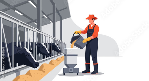 Farmer feeding cows in a barn with hay and grain.