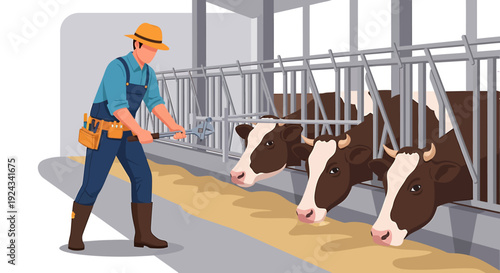 Farmer feeding cows in a modern barn agricultural setting.