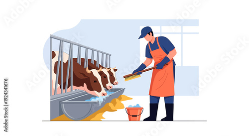 Farmer feeding cows in a modern barn livestock facility.