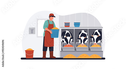 Farmer feeding cows in a modern dairy farm setting.