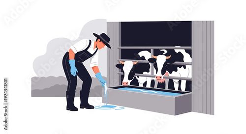Farmer pouring water for cows in a barn.