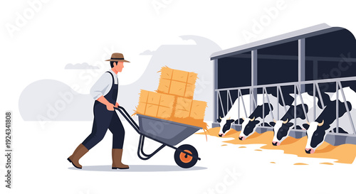 Farmer Pushing Wheelbarrow Full of Hay Bales Towards Cows in Barn.
