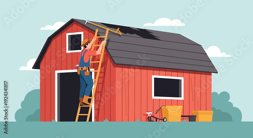 Farmer repairing red barn roof with ladder and tools.